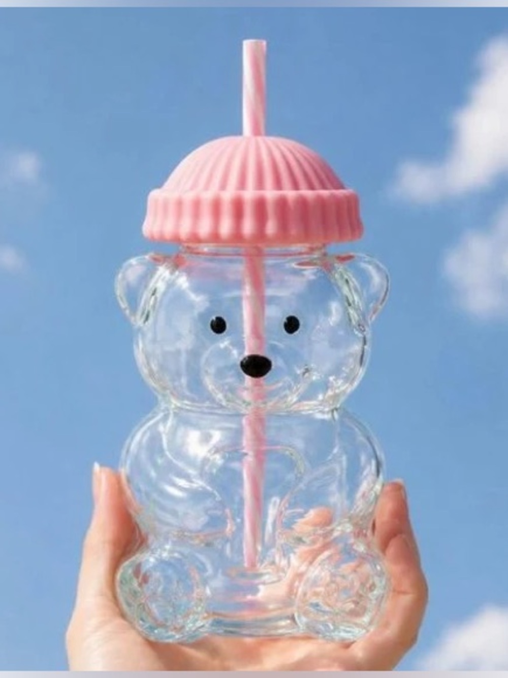 BRAND NEW WITH TAGS Bear Glass Tumbler with Pink Lid